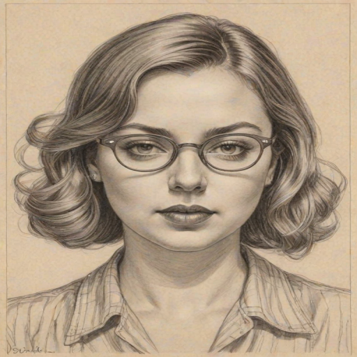 Enticing Charlotte Church, pencil sketch, portrait of Captivating woman 1936s in glasses, hair style beatnik, outline, clear lines, fine lines, 8k