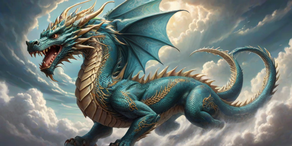 Regenerate a detailed illustration of a dragon in a dynamic, twisting pose with intricate scale patterns and flowing mane, featuring a fierce expression and surrounded by stylized clouds.