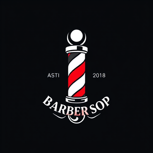 Create a clean and modern logo for a barber shop featuring a classic barber pole with swirling red and white stripes, set on a dark background, using a DSLR camera with a 50mm lens, aperture set to f/2.8, ISO 100, in a shallow depth of field to emphasize the subject, with natural lighting for enhanced clarity.