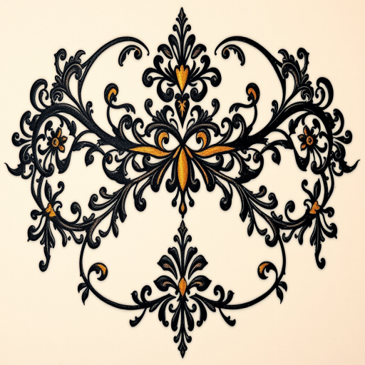 Ornamental tattoo "Regal Embellishment" featuring intricate lace-like patterns and filigree designs in black ink with touches of metallic gold for an elegant, jewelry-inspired look