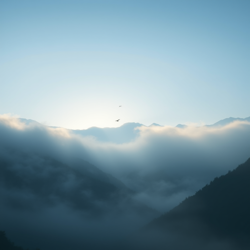 Generate a serene mountainous landscape shrouded in mist, emphasizing soft blues and muted greens, with a subtle sunbeam cutting through the fog, capturing birds flying in the distance, shot with a Canon EOS 5D Mark IV at f/8, ISO 100, 24mm focal length, using a wide-angle lens in soft focus for a dreamy effect.