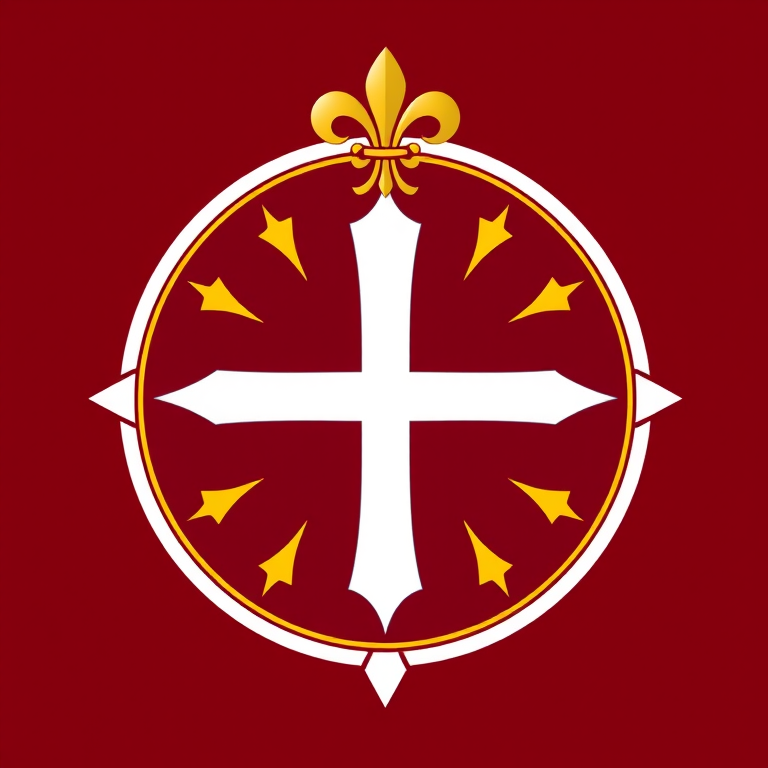 Create a high-resolution digital illustration of a circular emblem featuring a starburst design with a central white cross, surrounded by a maroon background and a decorative gold fleur-de-lis on top, using a DSLR camera at f/8 aperture, ISO 100, with a 50mm lens, shot in clear daylight for vibrant colors and sharp details.