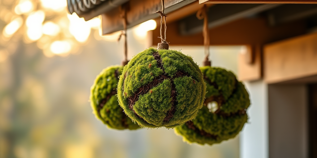 photograph of three large, textured moss-covered spheres hanging from a traditional eaves, soft focus background, golden hour lighting, f/2.8 aperture, ISO 100, shutter speed 1/200s, captured with a full-frame DSLR camera in a shallow depth of field for enhanced details and clarity.