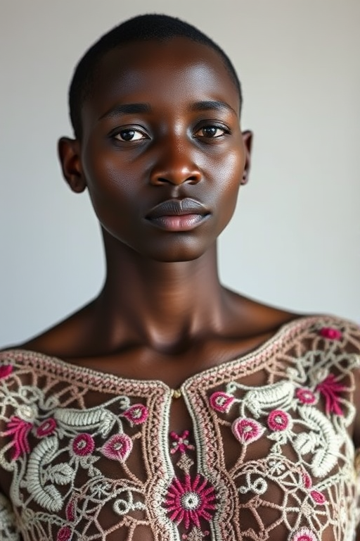 Face, shoulders, chest covered in openwork Cape Verdean embroidery. Raw, unedited image.
