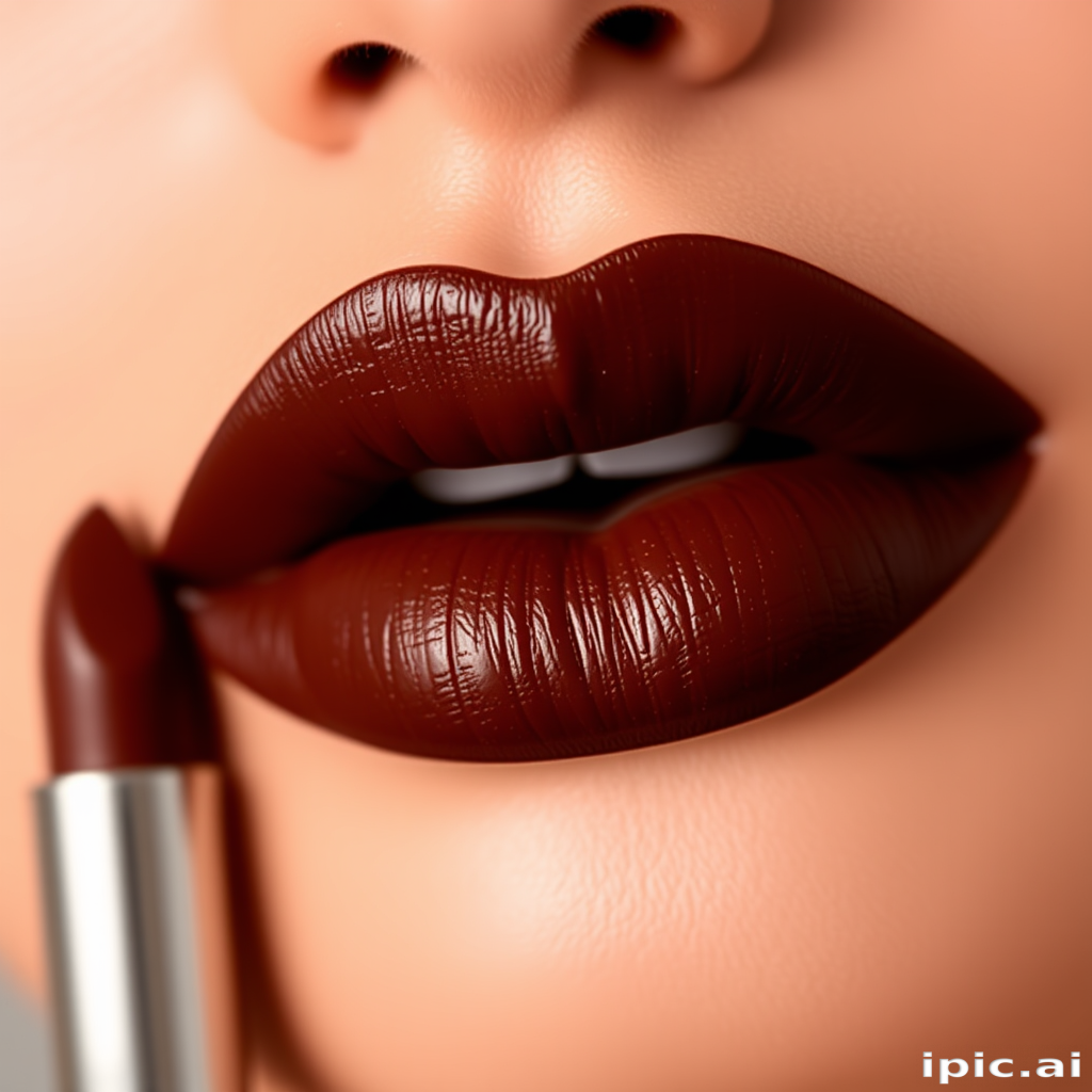 Rich chocolate brown lips with a satin finish, smooth and luxurious, showcasing depth and dimension for a sophisticated and modern look