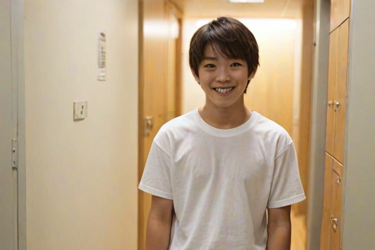 locker, wooden floor, 1boy, japanese man, cowboy shot, half body shot, looking at viewer, white t-shirt, smile