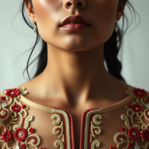 Face, shoulders, chest covered in openwork Pakistani embroidery. Raw, unedited image.
