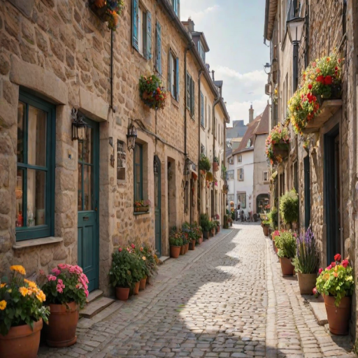 Soft-focus image of a narrow cobblestone street in a charming European village, with colorful flowers blooming in window boxes, and soft sunlight illuminating the quaint buildings.