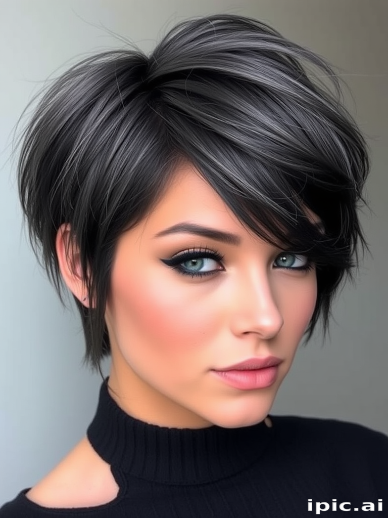 Smoky charcoal gray hair styled in a textured pixie cut with long, side-swept bangs, the Storm Cloud Chic style exudes edgy elegance and modern allure