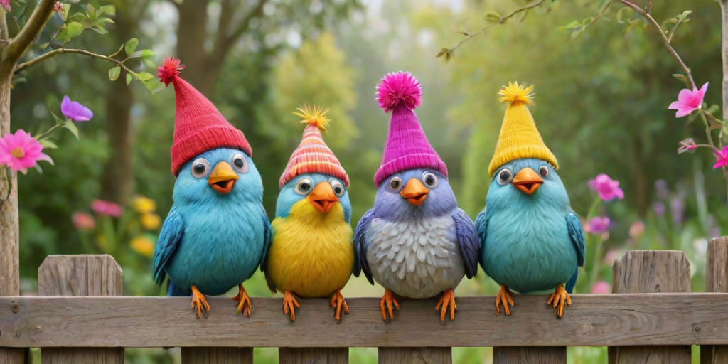 create a scene of 4 quirky  whimsical colourful comical birds each with a funny expression. they are sat on a wooden fence with colourful flowers. they are all different sizes. each one is a different colour  one is wearing a woolly hat. Each one has a different quirky google expression and there is a muted background of trees watercolour paintierly style high definition 8k resolution 3D paper mache