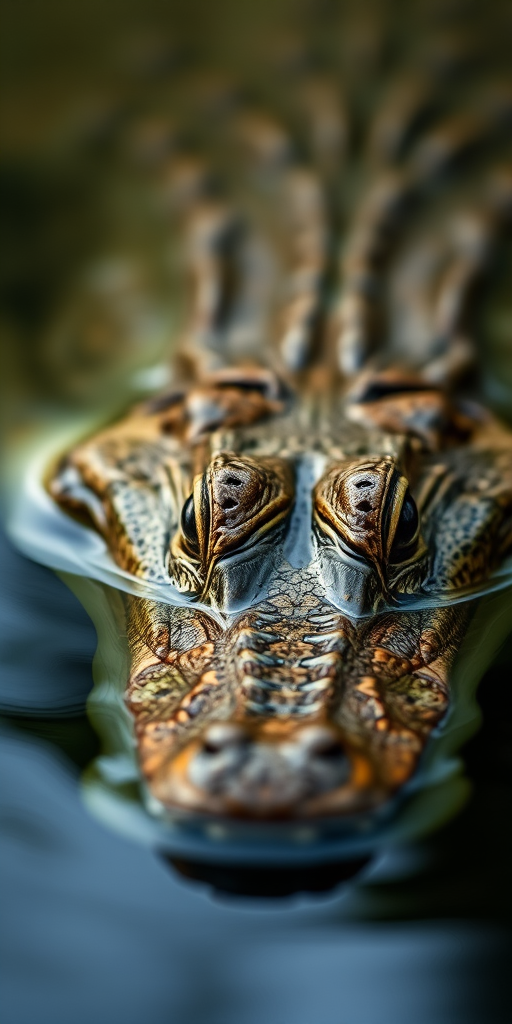 close-up of a crocodile submerged in water with smooth reflections, 50mm lens, f/2.8, ISO 200, 1/250 sec, shallow depth of field, soft natural lighting, macro photography, DSLR camera