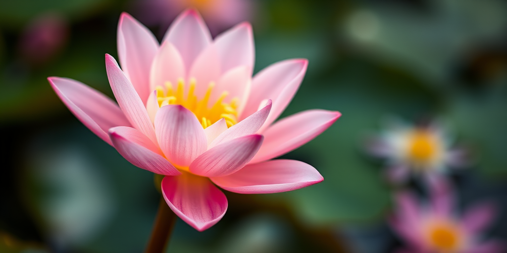 macro shot of a soft pink water lily with a blurred floral background, aperture f/2.8, ISO 100, shutter speed 1/200, taken with a DSLR camera using a 50mm lens, focus on flower detail for enhanced depth of field and color vibrancy