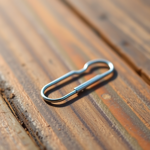 Create a high-resolution image of a paperclip on a wooden surface, use a DSLR camera with a 50mm lens, aperture f/2.8, ISO 100, and a shallow depth of field, side view, natural lighting with soft shadows.