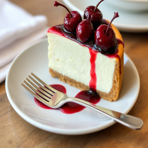 A delicious slice of cheesecake with a creamy filling and a graham cracker crust topped with shiny cherries and a glossy cherry sauce on a plate with a fork beside it, set on a wooden table with a white napkin.