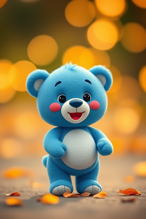 Create an image of a cute, cartoon-style blue teddy bear in a whimsical pose, shot with a DSLR camera at f/2.8, ISO 100, with a 50mm lens, in vibrant color with a soft bokeh background.