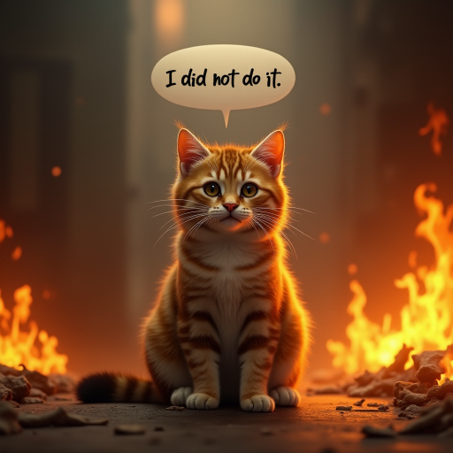 Photorealistic image of an innocent-looking cat sitting calmly in the middle of a burning room. Flames engulf the room, with fire licking up the walls and smoke filling the air. The cat is sitting on the floor, looking directly at the viewer with wide, innocent eyes. Above the cat, a speech bubble says "I did not do it" The contrast between the cat's calm demeanor and the chaos around it creates a humorous and surreal scene.