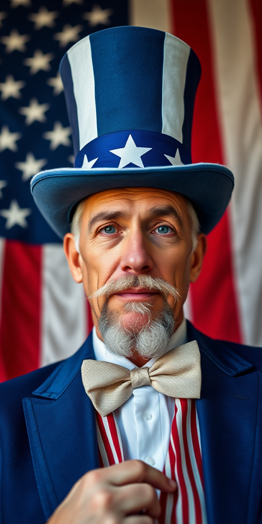 Portrait of a man dressed as Uncle Sam with a blue suit and top hat against an American flag backdrop, taken with a Canon EOS R5, 50mm lens, f/1.8, ISO 100, 1/200s, natural light, low angle view, soft focus for an artistic effect.