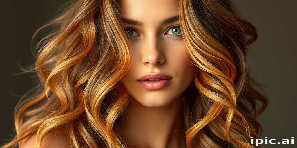 Earthy portrait highlighting Amber Honey waves, warm golden-brown tones blended seamlessly, styled in loose, natural curls with sun-kissed highlights