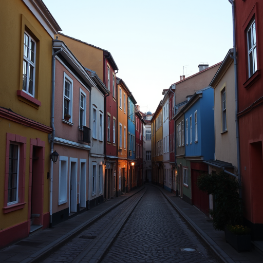 narrow cobblestone street between colorful buildings at dusk, soft warm lighting, 50mm lens, f/2.8 aperture, ISO 200, HDR style photography, DSLR camera, wide-angle view