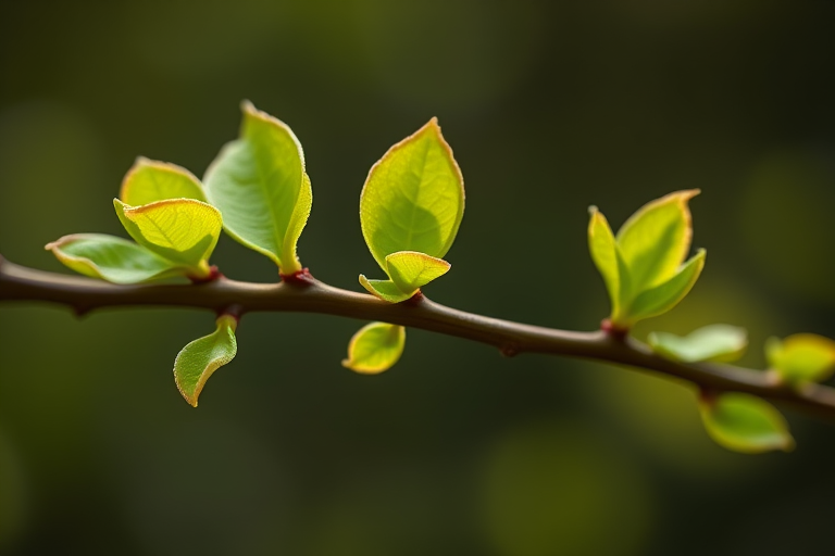 Capture a close-up of new green leaves emerging from a branch, using a Canon EOS R5 camera, 85mm f/1.4 lens, aperture set to f/2.8 for a soft bokeh effect, ISO 200, with natural light and a shallow depth of field to enhance detail and richness in color.