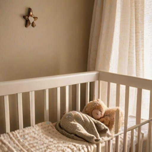 Warm, softly lit image of a newborn baby sleeping in a crib, wrapped in a cozy blanket, soft shadows cast by a mobile hanging above, gentle sunlight filtering through the curtains, a stuffed animal resting beside the baby, the peaceful stillness of the room captured.