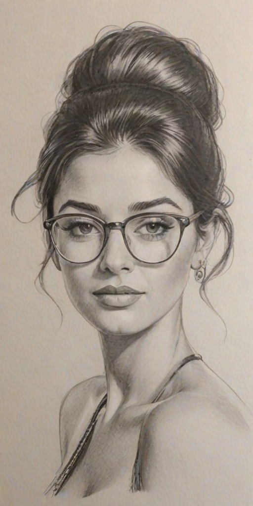 Pleasing Robin Thicke, pencil sketch, portrait of Radiant woman 1963s in glasses, hair style beatnik, outline, clear lines, fine lines, 8k