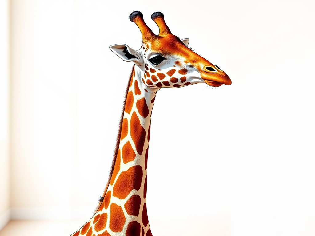 Create a detailed illustration of a standing giraffe with vibrant colors and clear lines, captured in a bright studio setting using a DSLR camera with a 50mm lens at f/2.8 for shallow depth of field, ISO 100, and natural lighting to enhance the image quality and texture.