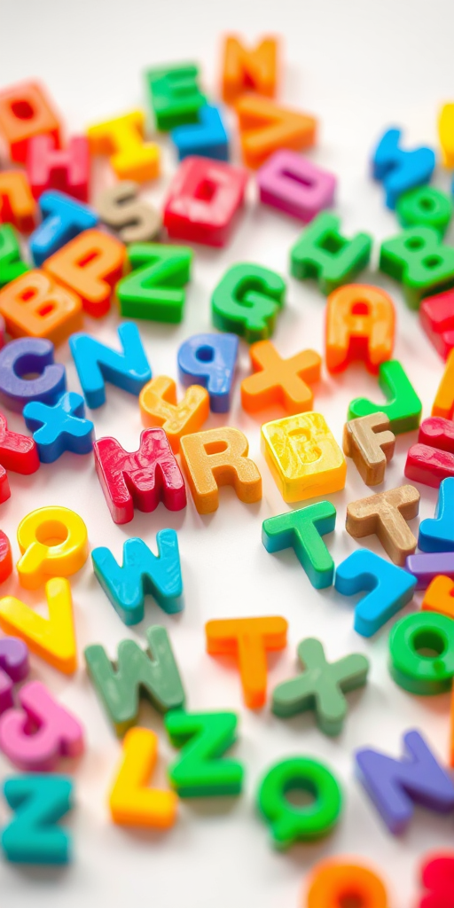 colorful plastic alphabet and number blocks scattered on a white surface, macro shot, f/2.8 aperture, 50mm lens, ISO 100, bright natural lighting