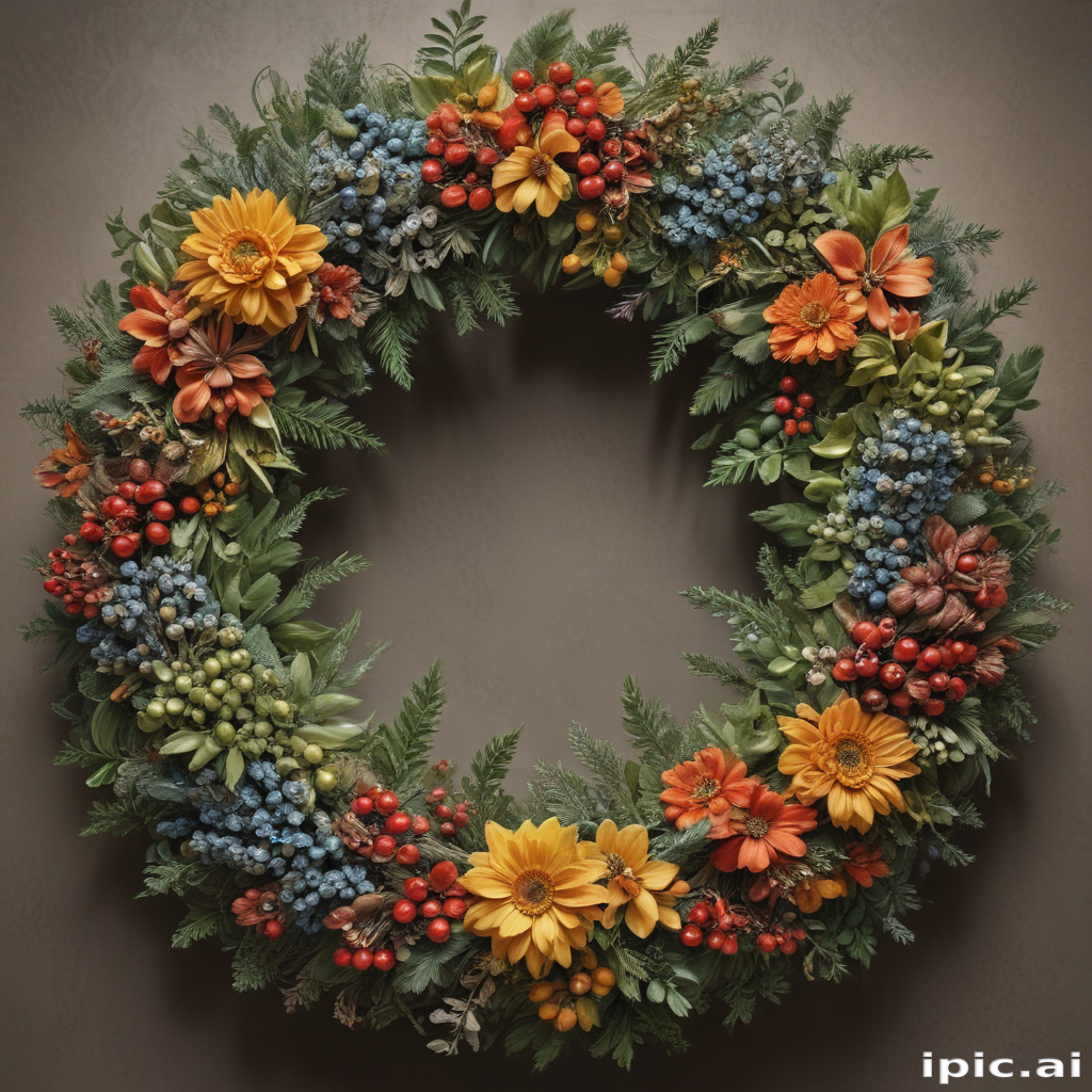 Vibrant Floral Wreath Adorned with Colorful Blooms and Berries