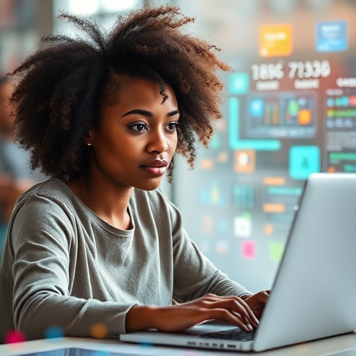 A young woman with natural hair working on a laptop, surrounded by abstract digital elements and vibrant colors, photographed with a Canon EOS R5, 50mm lens, f/1.8 aperture, ISO 200, soft focus background, natural lighting for enhanced depth and clarity.