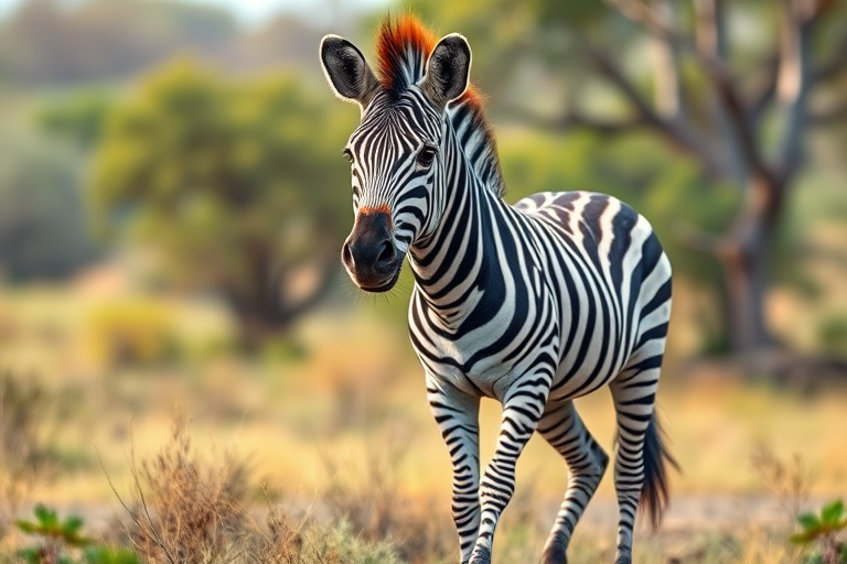 Create a detailed illustration of a zebra standing in a natural setting with vibrant colors, using a DSLR camera with a 50mm lens, aperture set to f/2.8 for shallow depth of field, ISO 100, and shot from eye level for a realistic perspective.