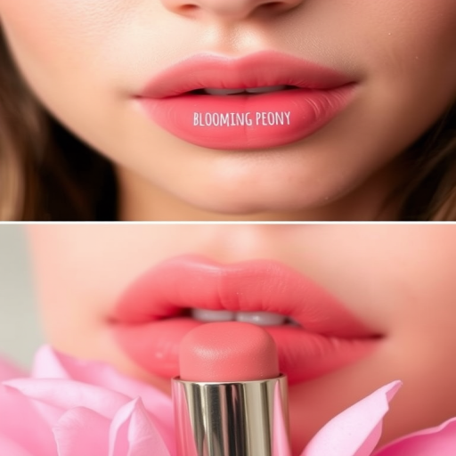 Soft pink ombré lips fading into peach, titled "Blooming Peony," feature a velvety texture and delicate pearl shimmer, perfect for romantic spring weddings and garden parties