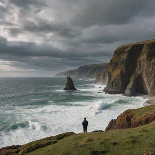 Scenic coastline with dramatic cliffs and crashing waves, a lone figure standing at the edge, taking in the breathtaking view of the ocean under a cloudy sky, creating a sense of adventure.