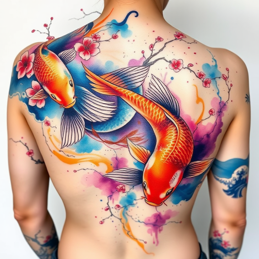 Vibrant watercolor koi fish tattoo, "Aquatic Symphony," featuring swirling hues of blue, orange, and purple, with delicate black outlines and splashes of white for highlights, incorporating traditional Japanese elements like cherry blossoms and waves, designed to flow gracefully across the upper back and shoulders