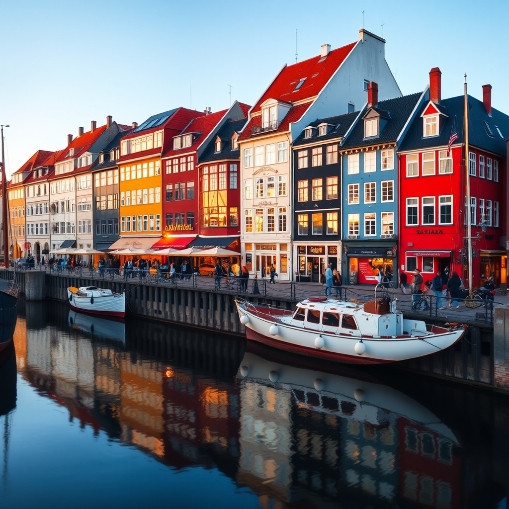 Street view of Nyhavn with colorful buildings reflecting on the water, golden hour lighting, high resolution, aperture f/8, ISO 100, shutter speed 1/200s, using a DSLR camera.