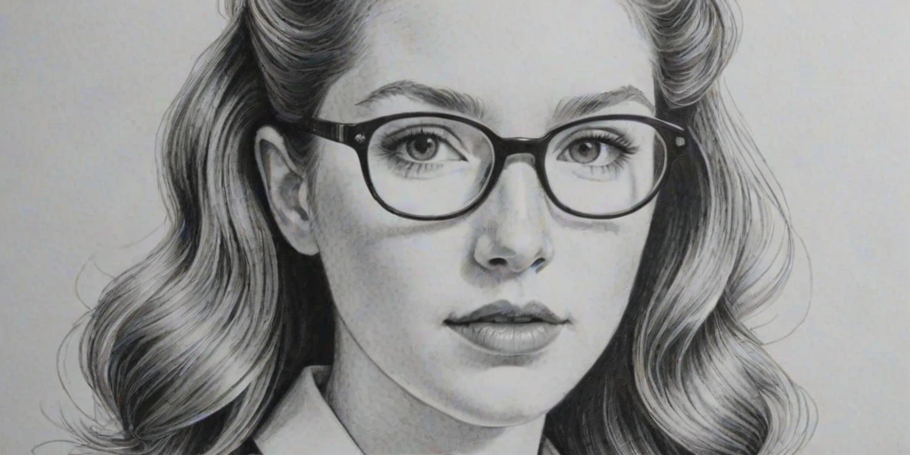 Ravishing Annalise Basso, pencil sketch, portrait of Comely woman 1951s in glasses, hair style beatnik, outline, clear lines, fine lines, 8k