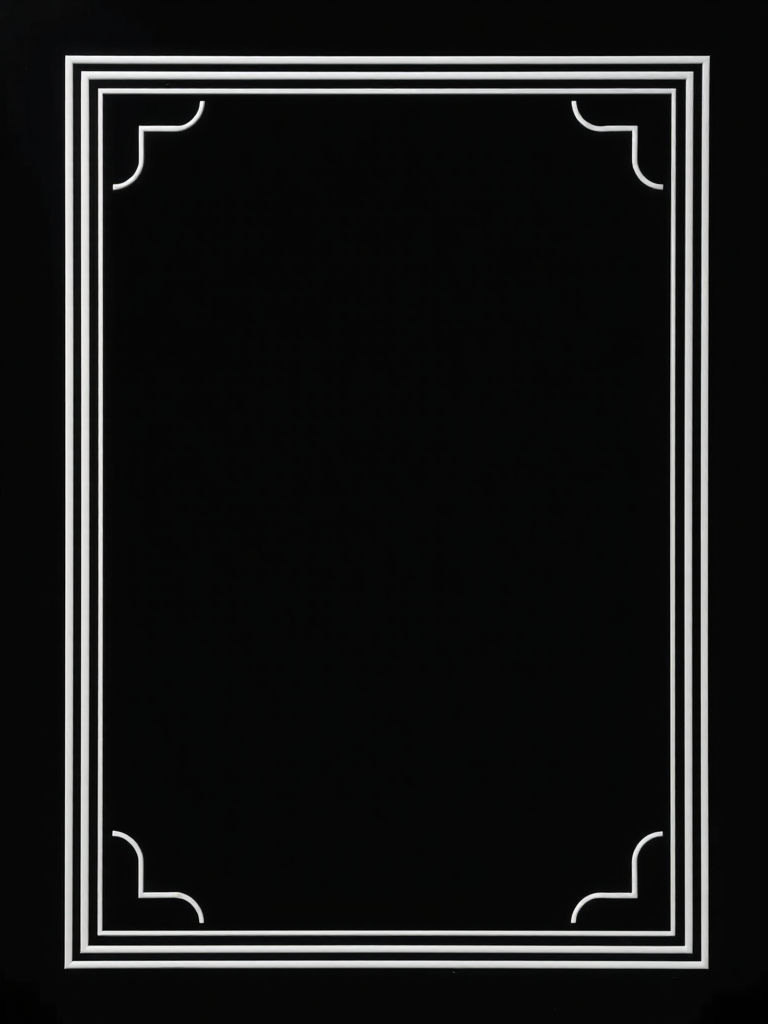 Create a minimalistic black background image with elegant white frame designs at the corners, using a DSLR camera, focal length of 50mm, aperture set at f/2.8, ISO 100, and a soft focus effect to enhance the overall quality.