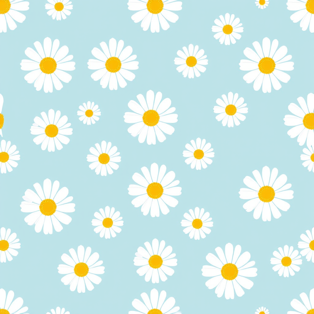 Create a seamless pattern featuring a light blue background filled with white daisies. Each daisy should have a bright yellow center and a simple, clean design. The flowers should be evenly spaced, creating a harmonious and cheerful floral pattern.