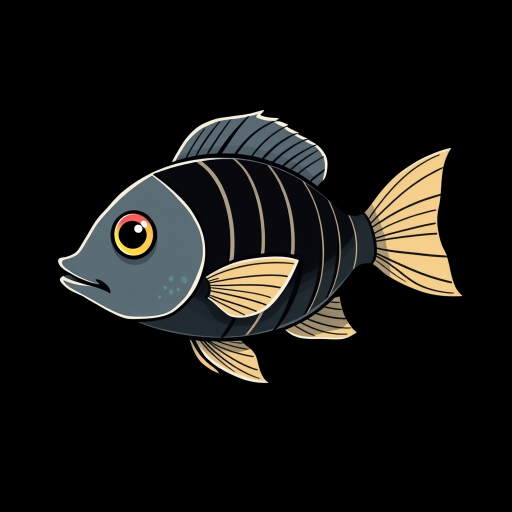 Create a high-contrast, detailed illustration of a cartoon fish on a solid black background, using a DSLR camera with a 50mm lens, aperture set to f/2.8 for shallow depth of field, ISO 100 for clarity, and optimal lighting to accentuate the lines and patterns on the fish.