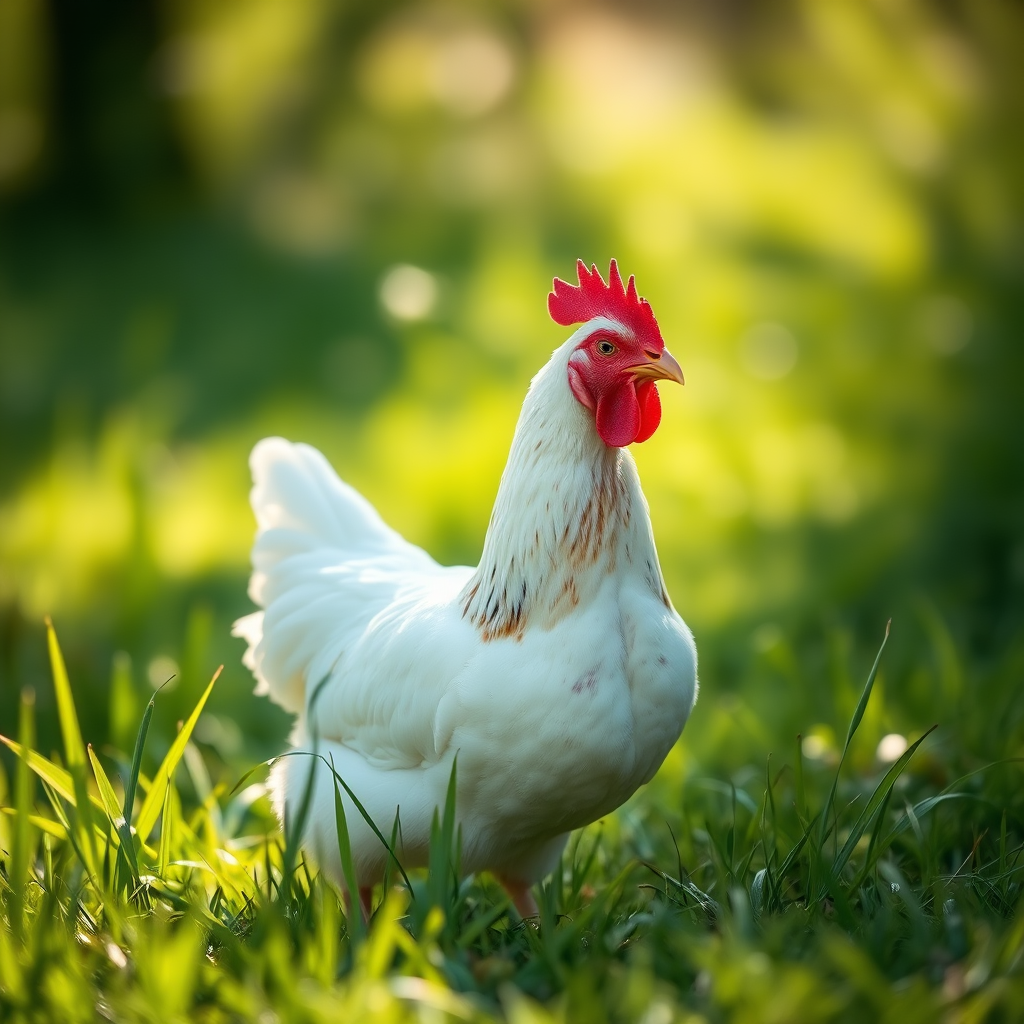 Regenerate an image of a white and brown chicken walking in green grass under natural sunlight, shot with a DSLR camera at f/2.8, ISO 200, 50mm lens, with a shallow depth of field and soft background blur for enhanced clarity.