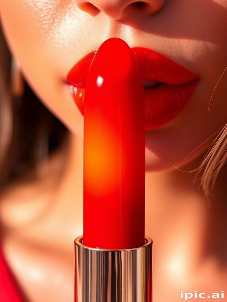 Vibrant "Sunset Serenade" lip color features a gradient from deep orange to fiery red, creating a mesmerizing ombre effect that captivates with its warm, sun-kissed glow and glossy finish