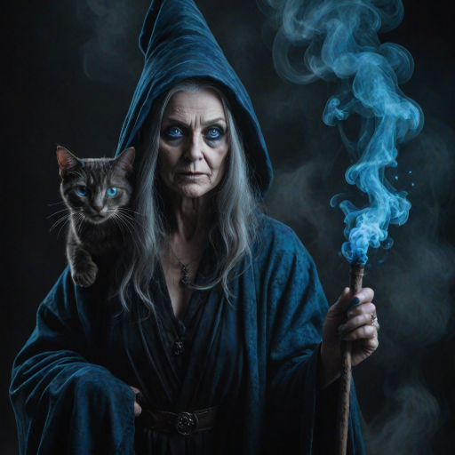Close-up of a mysterious old crone female witch and her cat made of blue smoke are standing in the dark cackling evilly at the viewer. The smoke is a deep blue, and the background is black. The crone is wearing a long, flowing robe and has a pointed hat on her head. She is holding a staff in one hand and has a mischievous look on her face. The cat is sitting at her feet, looking up at her with glowing blue eyes. The smoke around them is swirling and shifting, as if it has a life of its own. The overall effect is eerie and magical.