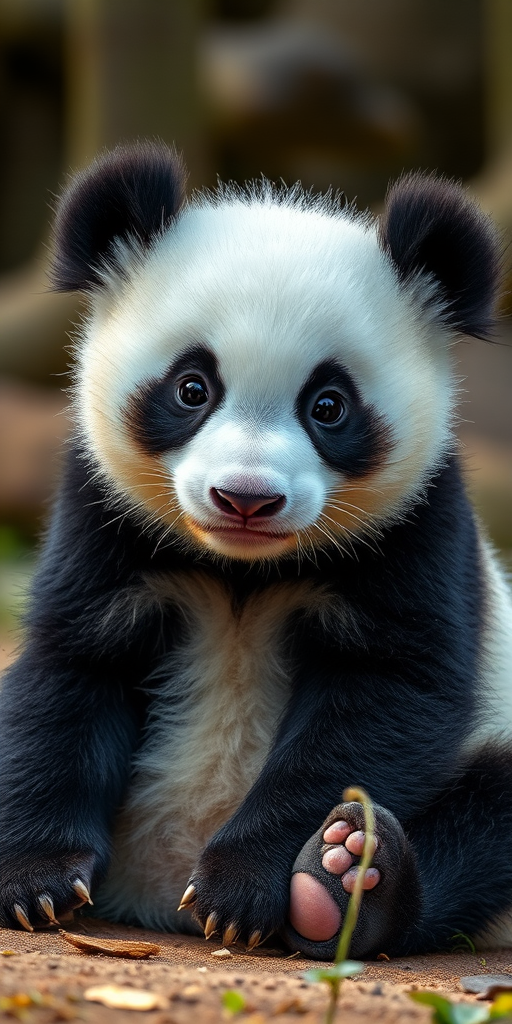 create a highly detailed close-up image of a cute panda cub sitting, using a Canon EOS 5D Mark IV camera, 85mm lens, f/1.8 aperture, 1/250s shutter speed, ISO 200, natural soft lighting, shallow depth of field for a blurred background