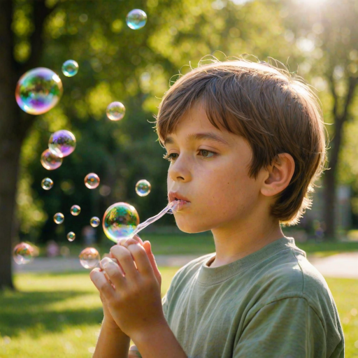 Softly focused photo of a young boy blowing bubbles in a park, the bubbles catching soft rainbow hues from the sunlight, with green trees and flowers blurred in the background.