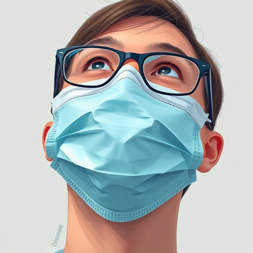 Create a digital illustration of a person wearing glasses and a surgical mask, with a slight upward angle, using a soft color palette, with a focus on detail and texture, captured with a DSLR camera at f/2.8 aperture, ISO 100, in portrait orientation.