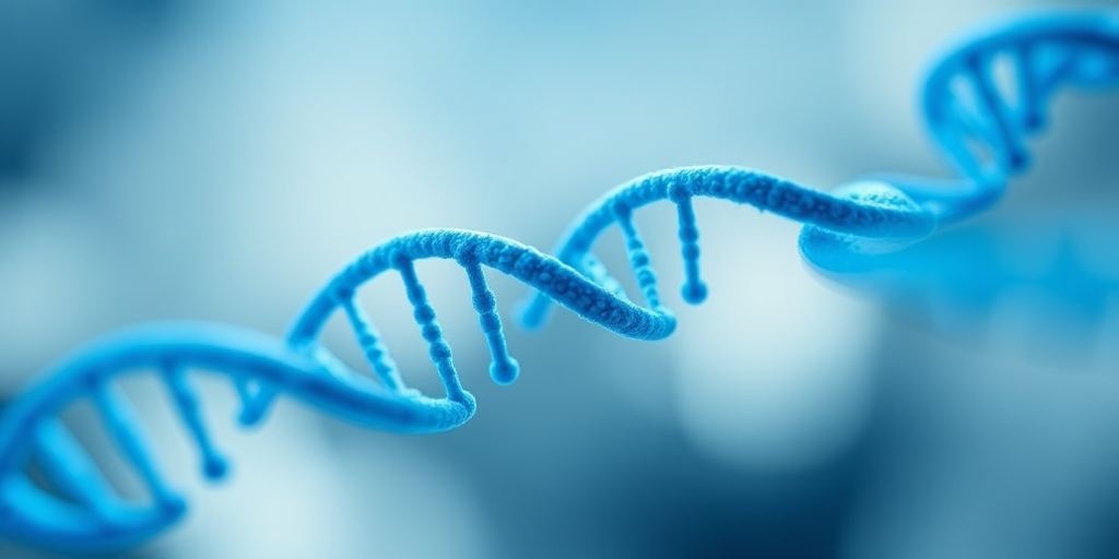 Generate an image of a blue DNA double helix with horizontal lines emphasizing the structure, using a DSLR camera with a 50mm lens, f/2.8 aperture, ISO 100, shot from a high-angle view with soft diffused lighting.