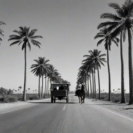 a black and white image of a person riding on a cart pulled by a horse along a deserted road with palm trees and distant electrical poles in the background