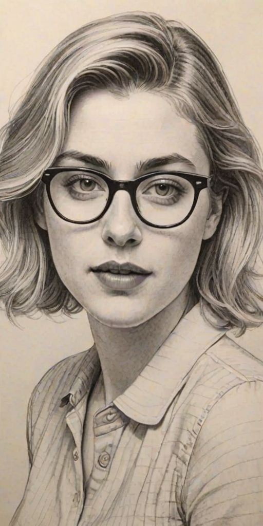Graceful Greta Gerwig, pencil sketch, portrait of Enticing woman 1958s in glasses, hair style beatnik, outline, clear lines, fine lines, 8k