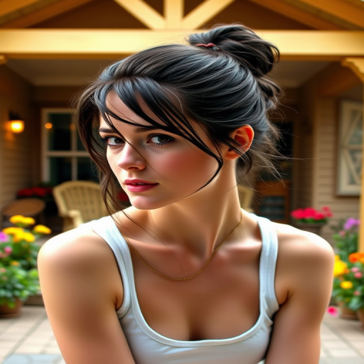 A photo of Kristen Stewart with a background of a cozy porch. She has dark hair pulled back in an updo, with tendrils framing her face. She wears a white tank top and sits on the porch. The porch is part of a well-lit home with a warm, earthy tone and colorful flowers and foliage. The overall scene has a warm, welcoming, and comfortable ambiance.