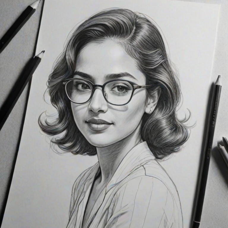 Dazzling Summer Bishil, pencil sketch, portrait of Radiant woman 1941s in glasses, hair style beatnik, outline, clear lines, fine lines, 8k